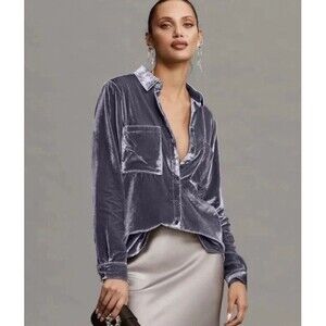 Pilcro The Hadley Velvet relaxed Button down Shirt Anthropologie silver gray XSS